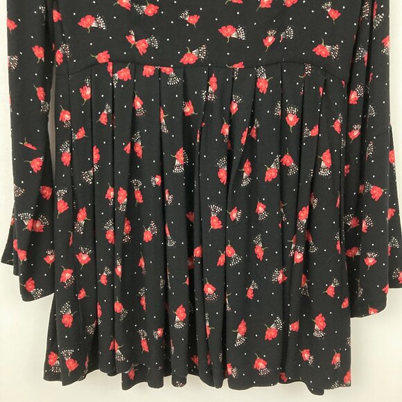 Free People Teagan Mini Dress Size 8 Black Floral Long Sleeve Keyholes Pleated - Picture 7 of 11